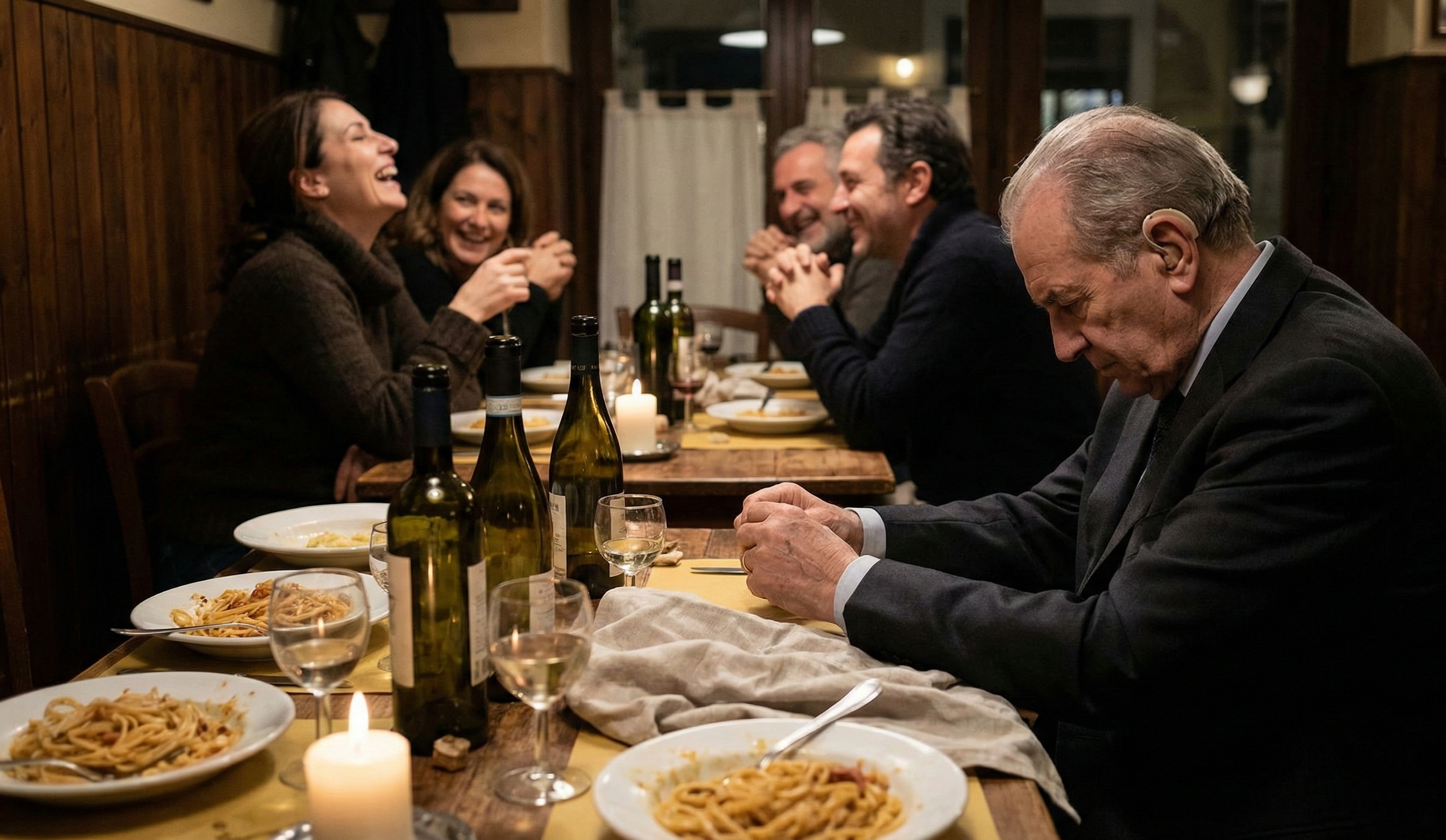 Man with hearing aid left out of a lively dinner conversation